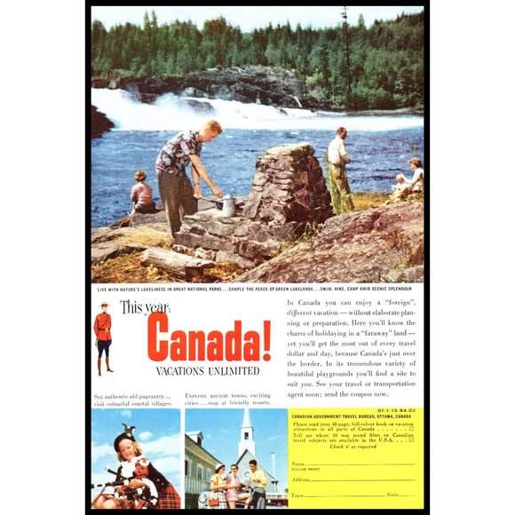 1954 Canada Vacation Travel Vintage Print Ad Nature Waterfalls Fishing Wall Art - Picture 1 of 1